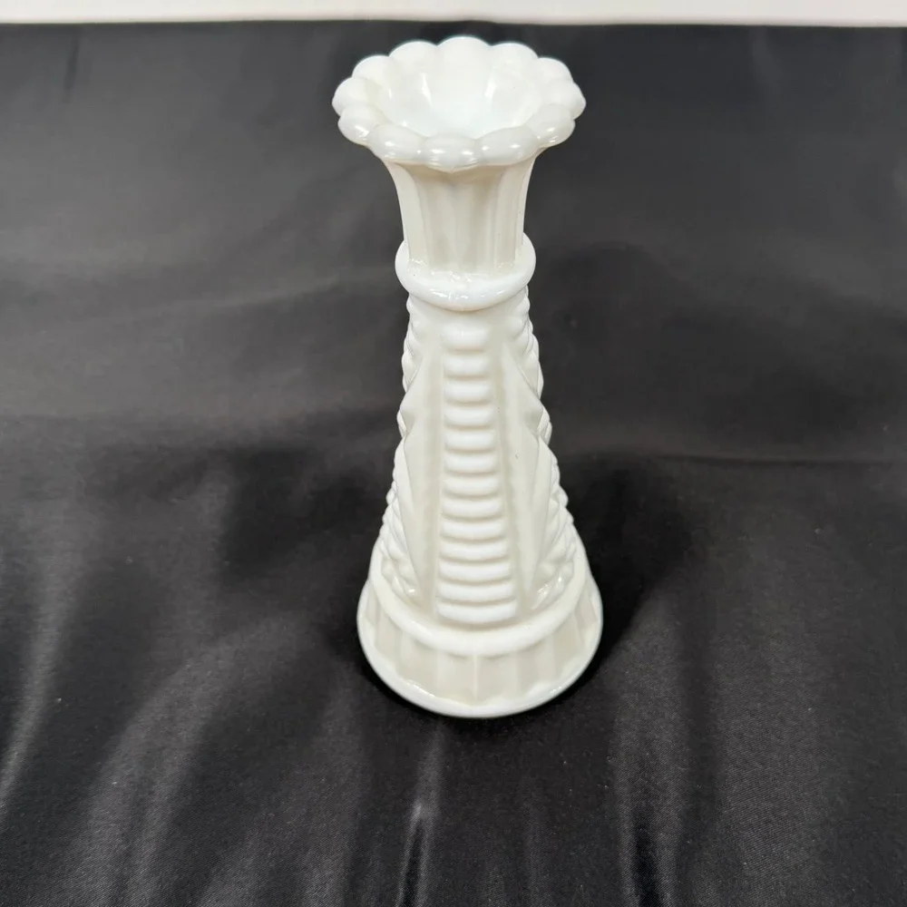 Milk Glass Bud Vase 6in White Embossed Star Ribbed Scalloped